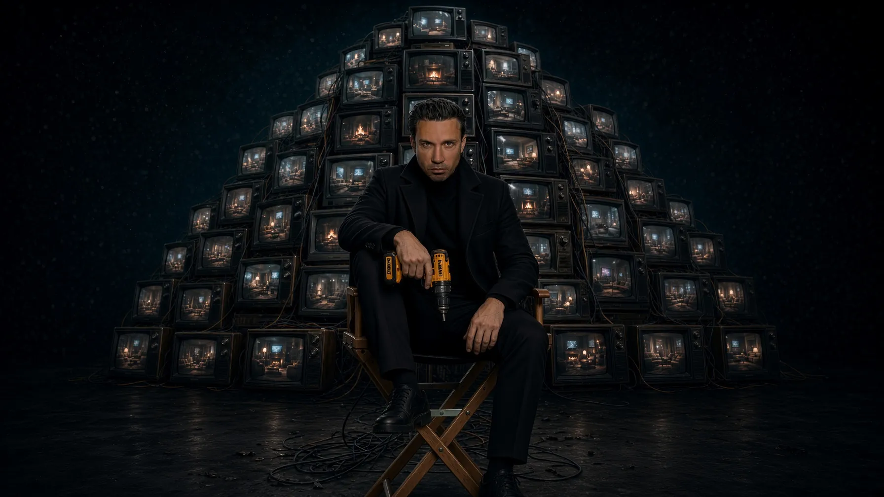 Marshall Wayne seated in a director's chair holding a drill in front of a wall of stacked TVs